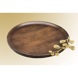 Plateau de service en bois élégant fabriqué à la main avec accent de feuille d'or Plateau décoratif rond pour hôtel ou restaurant en vente - Product Image 1