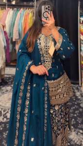 Designer Pakistani Salwar Kameez in Chinon Silk with Thread & Sequin Work Elegant Plazoo Set for Party and Festive Wear - Product Image 4