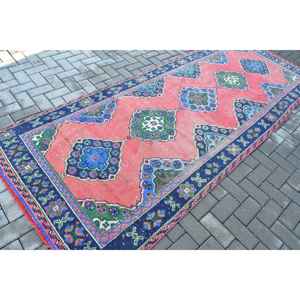 Turkish <b>Runner</b> Rug 4.1x10.6 ft (126x323 cm), Vintage <b>Red</b> Floral Wool Rug - Product Image 2