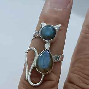 925 Sterling Silver Labradorite <b>Ring</b> Dual Gemstone Handmade <b>Statement</b> Promise Cat Jewelry Gift Inlay Setting Licensed Private - Product Image 4
