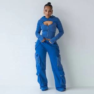 Recién llegado, chándal de lana de algodón 100% para mujer, bolsillos Cargo con múltiples cremalleras, chándales 450 GSM para botón lavado de invierno - Product Image 1