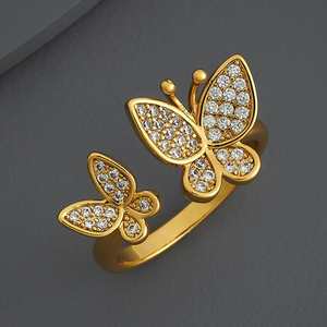 Trendy Vintage Gold Women's Butterfly <b>Ring</b> <b>Adjustable</b> Micro Pave Inlay White Lab Created Stone Fashionable Alloy Brass Gift - Product Image 1
