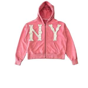 Haute qualité poids lourd 100% coton sur taille lavé à l'acide Vintage français éponge en détresse broderie sweats à capuche - Product Image 4