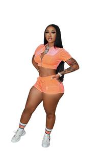 Free Summer Outfit Women Tracksuit Set Crop <b>Short</b> <b>Sleeve</b> Full Zip Up <b>Top</b> with Jogger <b>Short</b> Two Piece Velvet Custom Logo Printing - Product Image 4