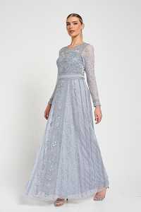 Vestido de Noche Largo Elegante Plateado para Mujer, Bordado con Decoración de Perlas, Tela Crepé, Cintura Natural, para Fiestas y Ocasiones Especiales - Product Image 2