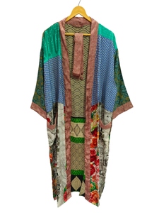 Kimono de seda Sari Vintage indio, albornoz de seda suave, bata de retazos de tamaño libre, ropa de noche, bata multicolor, ropa cómoda para la casa - Product Image 6