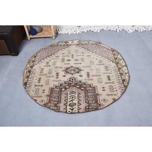 พรมวินเทจขนาด 4.6x4.7 ฟุต พรมกลมสไตล์ตุรกี พรมลายต้นไม้และพืชสีเบจน้ำตาล - Product Image 1