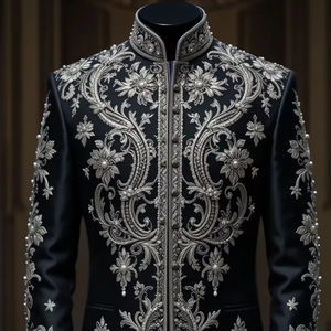 Deslumbrante novio negro Sherwani con bordado pesado y pantalón con cuentas de cristal adornadas Dabka Work para boda @ 2025 - Product Image 1