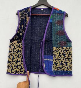Handmade <b>Women's</b> <b>Knitted</b> Patchwork Cotton Kantha Puffer <b>Vest</b> V-Neck Short Winter Jacket Embroidery Streetwear Style Logo - Product Image 4