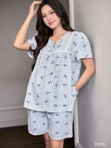 Short d'été en lin à rayures bleues avec nœud pour les femmes enceintes B836 Pantalon de maternité absorbant la sueur et frais Prix de gros - Product Image 2