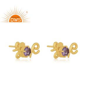 Mejor Venta de plata esterlina 18K chapado en oro Natural amatista piedra preciosa amor diseño Stud pendiente Demi joyería fina fabricante - Product Image 3