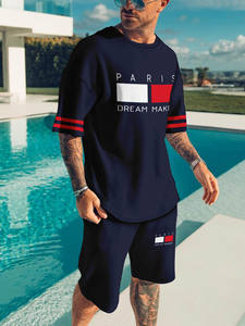 Camiseta de verano informal para hombre, conjunto corto, estampado de letras personalizado, tejido de punto cómodo, cuello redondo, camiseta de manga corta para adultos - Product Image 5