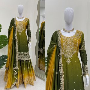 Salwar Kameez Traditionnel de Soirée pour Femme Pakistanaise, Modèle de Créateur, Robe Longue en Soie Chinon Gaufrée, Coupe Classique, Séchage Rapide - Product Image 2