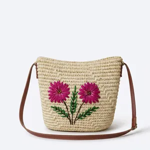 Bolso de Hombro de Paja Tejido a Mano, Bolso Tipo Clutch con Cremallera Bordada, Bolso de Moda Bohemia para Mujer - Product Image 4