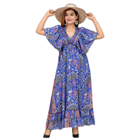 Vestido Maxi de Seda Tejida Estilo Bohemio Indio Y2K, Talla Única, Estampado Tropical, Cuello en V, Manga con Volantes, Sexy y Dulce, Estilo Coreano de Verano