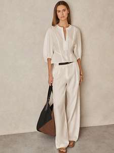 Blusa elegante de mezcla de lino para mujer 3/4 Puff Sleeve V Split Neck Top para oficina y ropa informal - Product Image 4