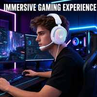 Headset Gaming Over-Ear Putih Mikrofon Fleksibel 360 Derajat Pencahayaan RGB Peredam Kebisingan untuk PC Laptop Xbox Switch