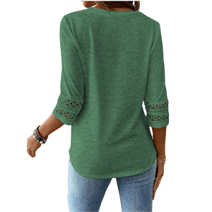 Womens Casual Long Sleeve <b>Top</b> Round Neck Loose Fit Shirt With Lace Sleeve Detail Elegant Everyday Fashion Clothing For Women - Product Image 2