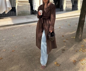 เสื้อเบลเซอร์หนังกลับสไตล์วินเทจสีน้ำตาล90S สำหรับผู้หญิงเสื้อเบลเซอร์สไตล์คลาสสิกหนังกลับแท้สำหรับฤดูใบไม้ร่วงกันลม - Product Image 1