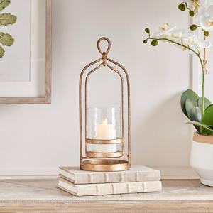 Elegante Lámpara de Huracán con Arco Alto, Acabado Dorado Antiguo, Marco de Metal, Decoración Minimalista para Mesa, Pilar de Hierro y Vidrio, Navidad, Pascua - Product Image 2