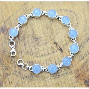 Bohemia Blue Chalcedony 925 Sterling <b>Silver</b> Gold Plated Chain Link Round Unisex Bracelet - Product Image 1