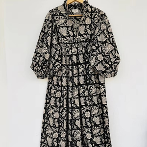 Pur coton indien bloc imprimé femmes filles imprimé Maxi robe à la mode décontracté été soirée robe de soirée bouton longue coupe - Product Image 1