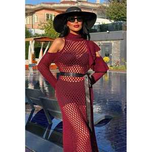 Vestido de punto calado 2847 con cinturón de satén, transparencias y cintura natural - Product Image 4