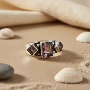 925 <b>Silver</b> Smoky Quartz <b>Ring</b> for Women Geometric Fashion <b>Statement</b> Jewelry with Cut Diamond Inlay Licensed Private Brand IS - Product Image 2