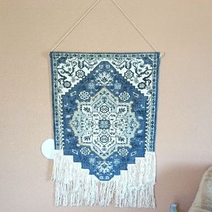 Calcomanía de pared de varias piezas geométrica abstracta cuadrada de tela tejida azul Bohemia moderna personalizable colgante para Diwali boda cumpleaños - Product Image 1