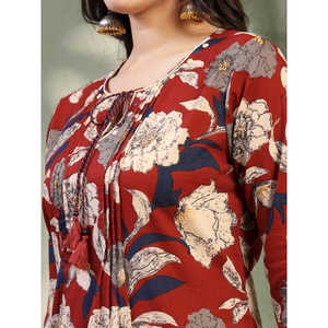 Kurta Recta Estampada de Algodón Puro para Mujer, Color Granate, Cuello Redondo, Largo hasta la Pantorrilla, Cintura Natural, Transpirable - Product Image 5