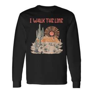 T-shirt à manches longues Western Rodeo avec motif Cactus Mignon, I Walk This Line, Howdy & Montagnes, pour usage promotionnel - Product Image 1