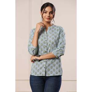 Maheen Ashika Damen Casual Handbedrucktes Langes Loses Oberteil mit Asymmetrischem Rüschenkragen Frühling Westlicher Stil XL & XXL - Product Image 4