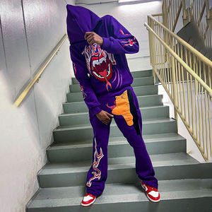 Verde ácido lavado Full Zip up Vintage Distressed Stone Wash Streetwear Sweatsuit pantalones de chándal acampanados y Sudadera con capucha Set Hombres Chándales - Product Image 2