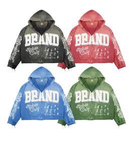 Sweat-shirts pour hommes de haute qualité en coton 100% surdimensionnés, lavés à l'acide, imprimés à l'écran, avec des strass brodés vintage personnalisés - Product Image 5