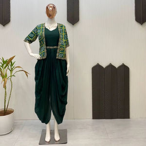 Elegant chinon cowl dress pair with printed chinon <b>shrug</b> sequence embroidered lace micro inner and stitched one piece fixed belt - Product Image 1