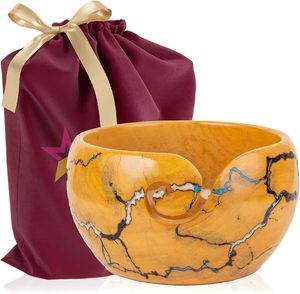 Soporte para cuenco de hilo de madera Tazón de tejer de madera con 12 piezas Ganchos de ganchillo ergonómicos Dispensador de soporte de hilo grande Cuenco de almacenamiento de hilo - Product Image 6