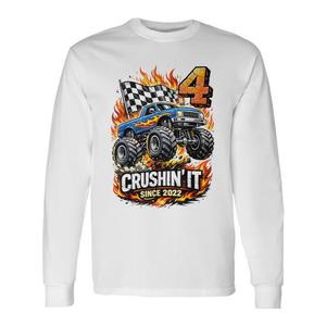 Maglietta a maniche lunghe Monster Truck per compleanno 2022 per bambini di 4 anni, maglietta promozionale per la festa del 4° compleanno - Product Image 1