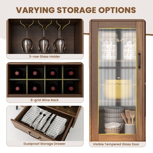 Meuble Bar en Bois Style Mid-Century Moderne, Meuble à Liqueurs Autoportant, <span class=keywords><strong>Buffet</strong></span> avec Casier à Vin et Porte Vitrée – Vente en Gros - Product Image 4