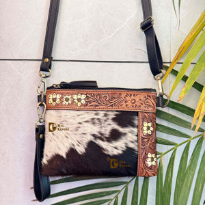 กระเป๋าถือมีซิปน้ำหนักเบาสำหรับทุกเพศ, กระเป๋าถือหนังวัวมีลายสไตล์ตะวันตกสลักด้วยมือ - Product Image 1
