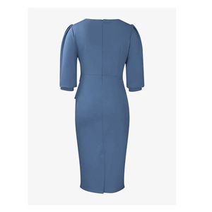 Robe fourreau midi de couleur unie avec méthode de tissage tissée à manches bouffantes froncées - Product Image 3