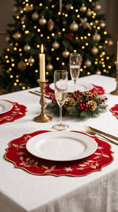 Set de 12 Napperons de Noël Brodés Faits Main Personnalisés, Motif Houx Doré, 100% Polyester, Décoration de Table, 80x120cm - Product Image 1
