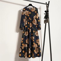 Robes longues décontractées pour femmes, printemps-été, imprimées de fleurs, manches longues, col rond, style bohème, plage, soirée, robe longue Mujer Vestidos