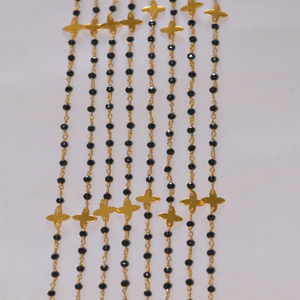 Perles de quartz noir de qualité supérieure et chaîne de chapelet plaqué or avec suiveur d'étoile de feuille. Chaîne perlée en fil métallique pour la fabrication de bracelets bijoux - Product Image 2