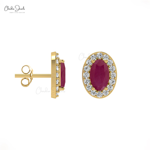Pendientes de Oro Sólido de 14k con Diamantes y Rubíes Ovalados de 5x3mm, Joyería de Piedra Natal de Julio para Novias - Product Image 3