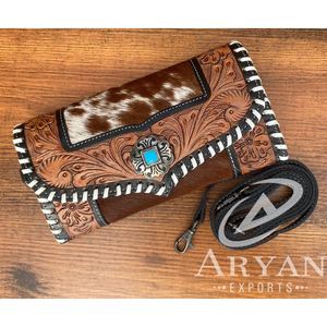 Cartera tallada a mano, funda de teléfono de embrague, elegante, multiusos, carteras de cuero de piel de vaca, Cartera de Color turquesa para mujer - Product Image 1