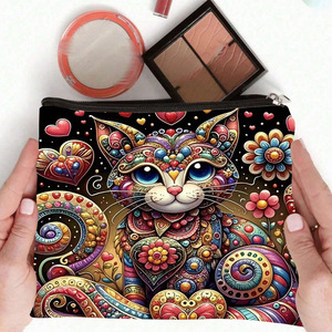 Vintage Cat Print Canvas Pencil Case <b>Large</b> Capacity Cosmetic <b>Bag</b> Zipper Closure Polyester <b>Makeup</b> Organizer - Product Image 2
