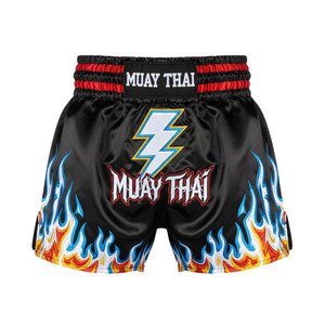 Shorts de Muay Thai MMA en satin noir en gros, broderie bleue feu et éclair, unisexe - Product Image 1