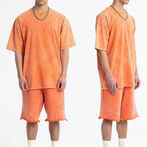 Conjunto de pantalones cortos de dos piezas con logotipo personalizado, camiseta y pantalones cortos de manga corta de algodón 100%, conjunto de pantalones cortos con lavado ácido para hombre - Product Image 4