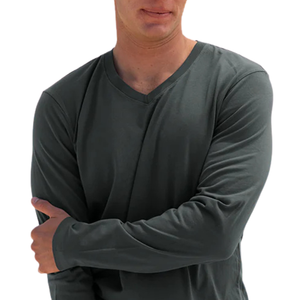 T-shirt sport à col en V pour homme, vert forêt, 100% coton biologique de luxe, tricoté, pré-rétréci, certifié GOTS, manches longues de qualité supérieure - Product Image 3