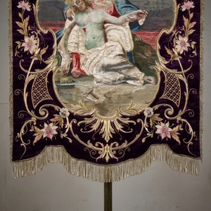 Hand Embroidered Pieta Church Processional <b>Banner</b> Gold Metallic Thread Zardozi Work Velvet Ceremonial Flag - Product Image 4